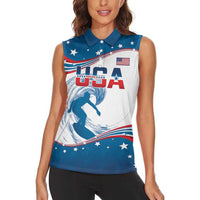 Personalized USA Surfing Women Sleeveless Polo Shirt 2024 United States Flag Curve Style - Wonder Print Shop