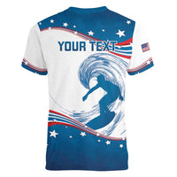 Personalized USA Surfing Women V-Neck T-Shirt 2024 United States Flag Curve Style - Wonder Print Shop