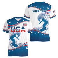 Personalized USA Surfing Women V-Neck T-Shirt 2024 United States Flag Curve Style - Wonder Print Shop