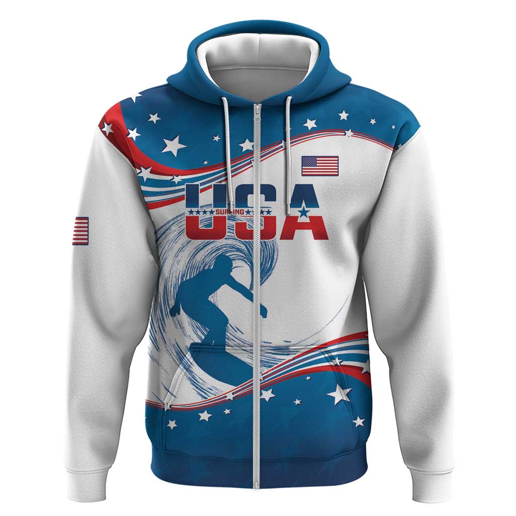 Personalized USA Surfing Zip Hoodie 2024 United States Flag Curve Style - Wonder Print Shop