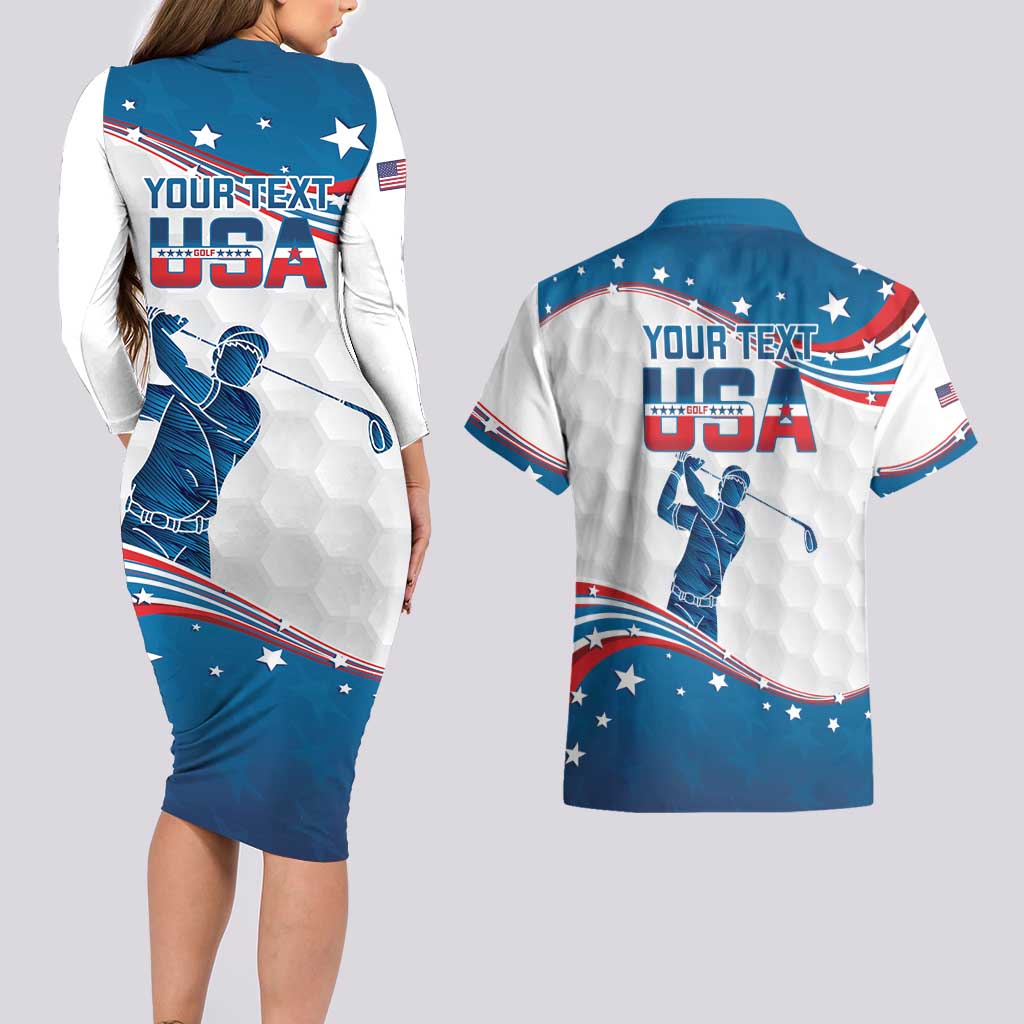 Personalized USA Golf Couples Matching Long Sleeve Bodycon Dress and Hawaiian Shirt 2024 United States Flag Curve Style - Wonder Print Shop