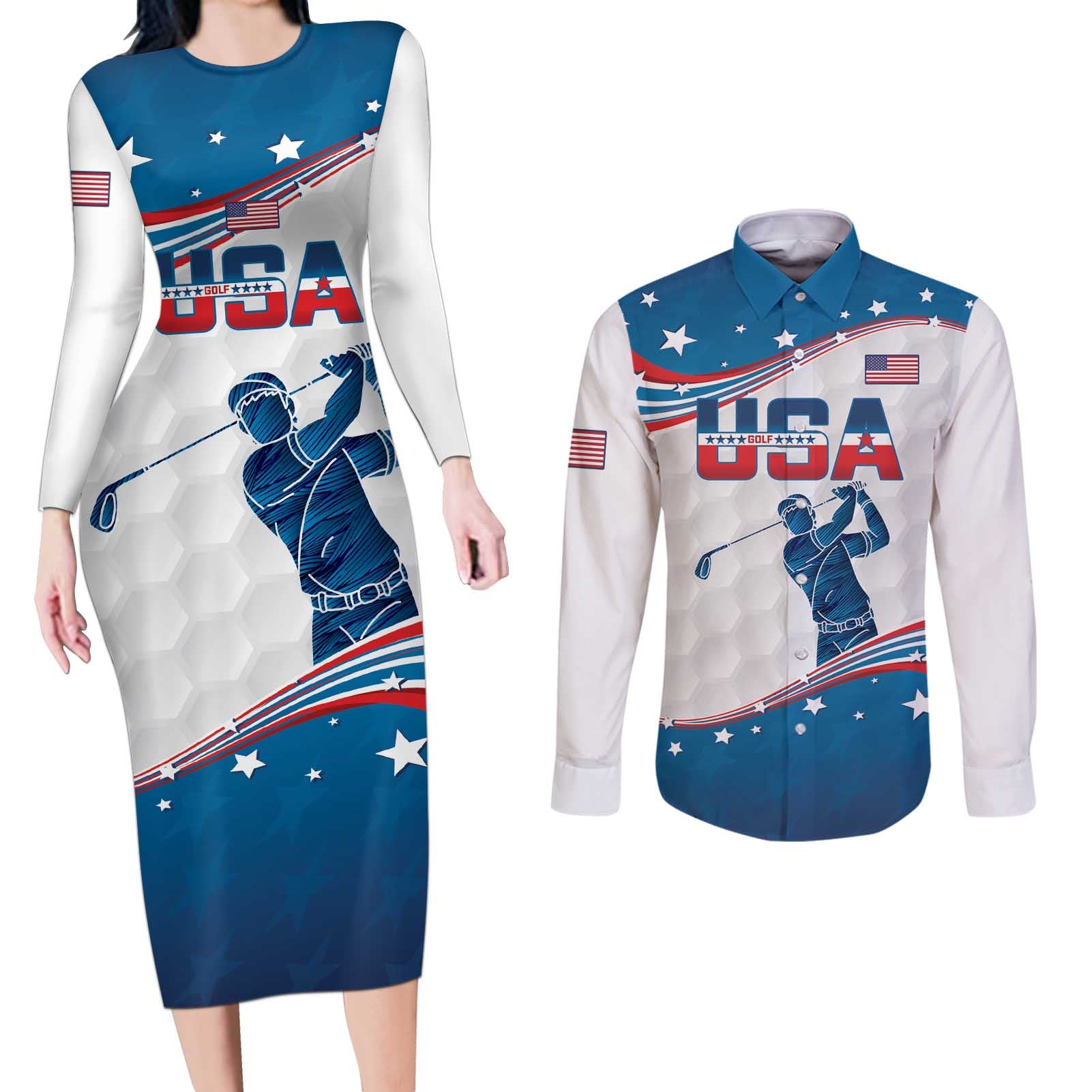Personalized USA Golf Couples Matching Long Sleeve Bodycon Dress and Long Sleeve Button Shirt 2024 United States Flag Curve Style - Wonder Print Shop