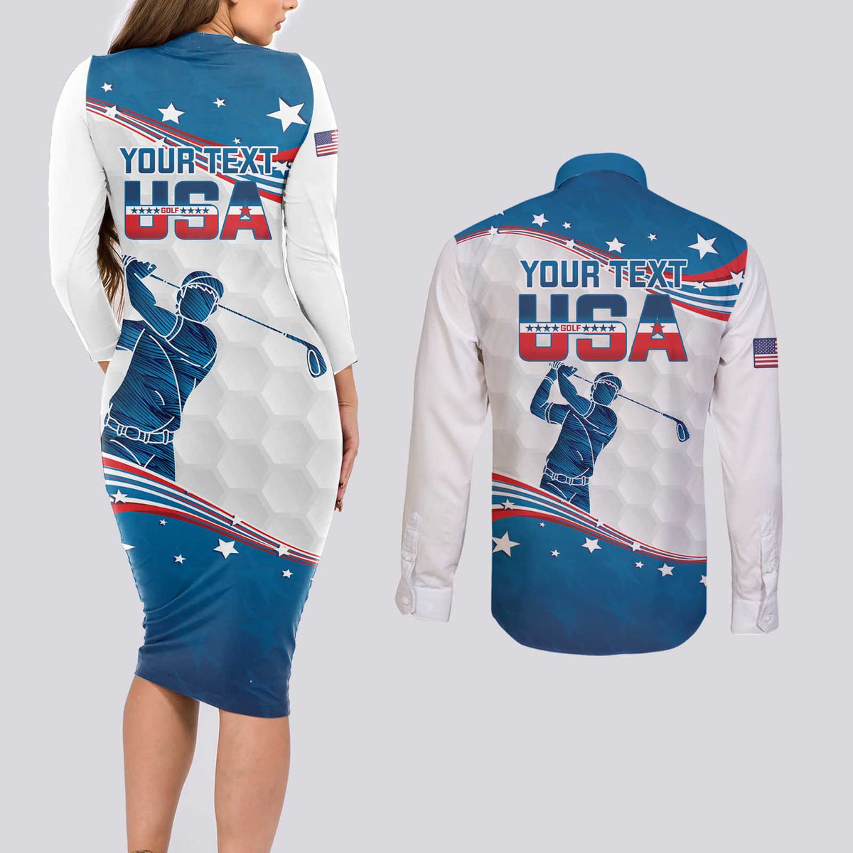 Personalized USA Golf Couples Matching Long Sleeve Bodycon Dress and Long Sleeve Button Shirt 2024 United States Flag Curve Style - Wonder Print Shop