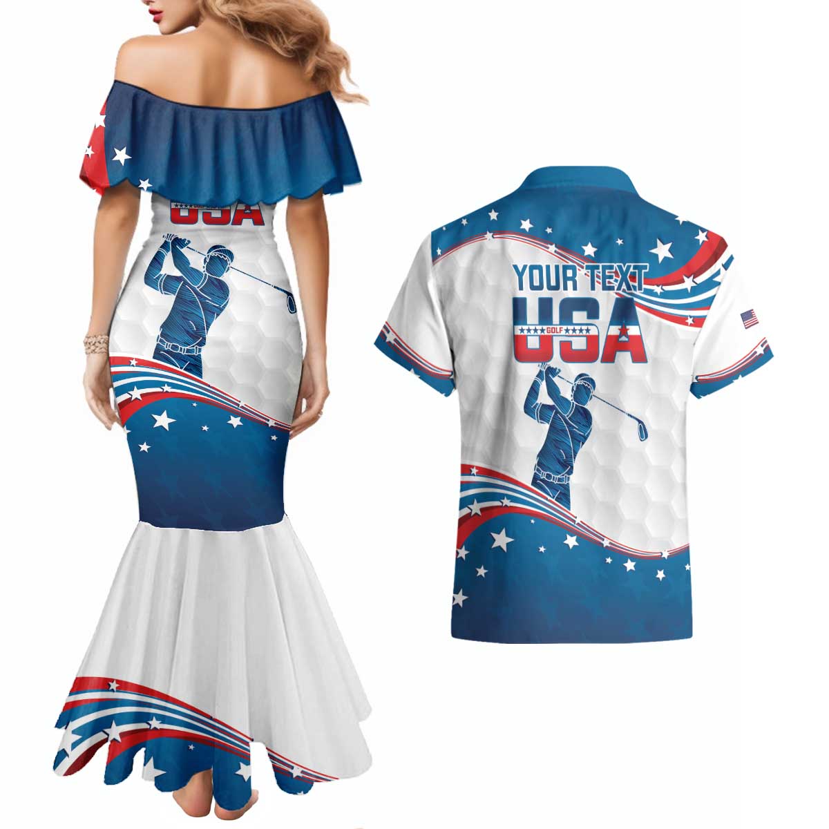 Personalized USA Golf Couples Matching Mermaid Dress and Hawaiian Shirt 2024 United States Flag Curve Style - Wonder Print Shop