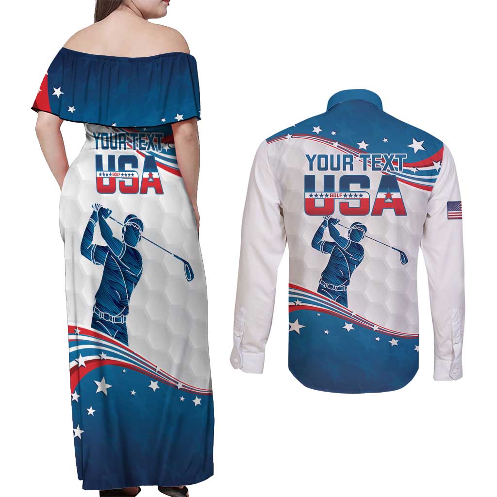 Personalized USA Golf Couples Matching Off Shoulder Maxi Dress and Long Sleeve Button Shirt 2024 United States Flag Curve Style - Wonder Print Shop