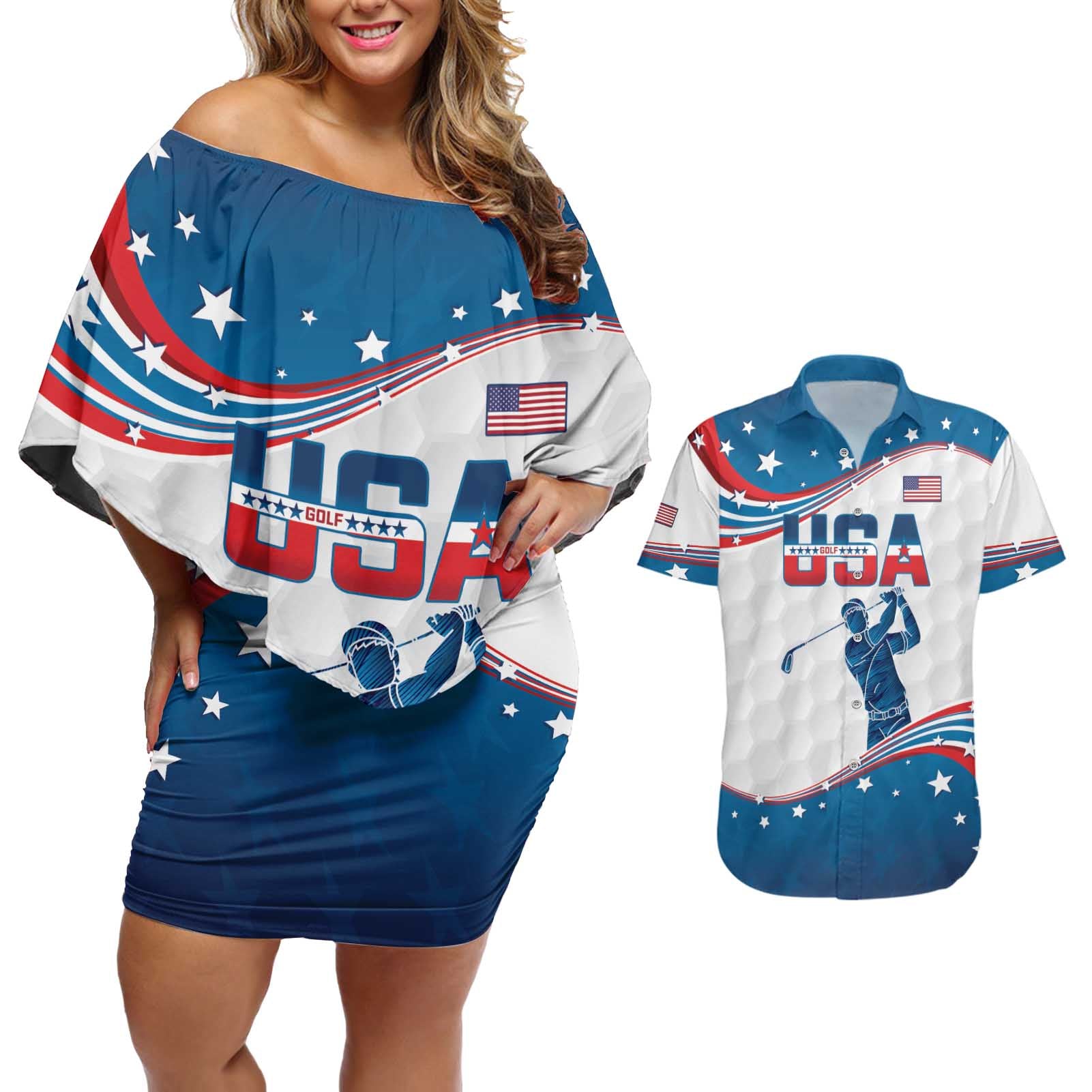 Personalized USA Golf Couples Matching Off Shoulder Short Dress and Hawaiian Shirt 2024 United States Flag Curve Style - Wonder Print Shop