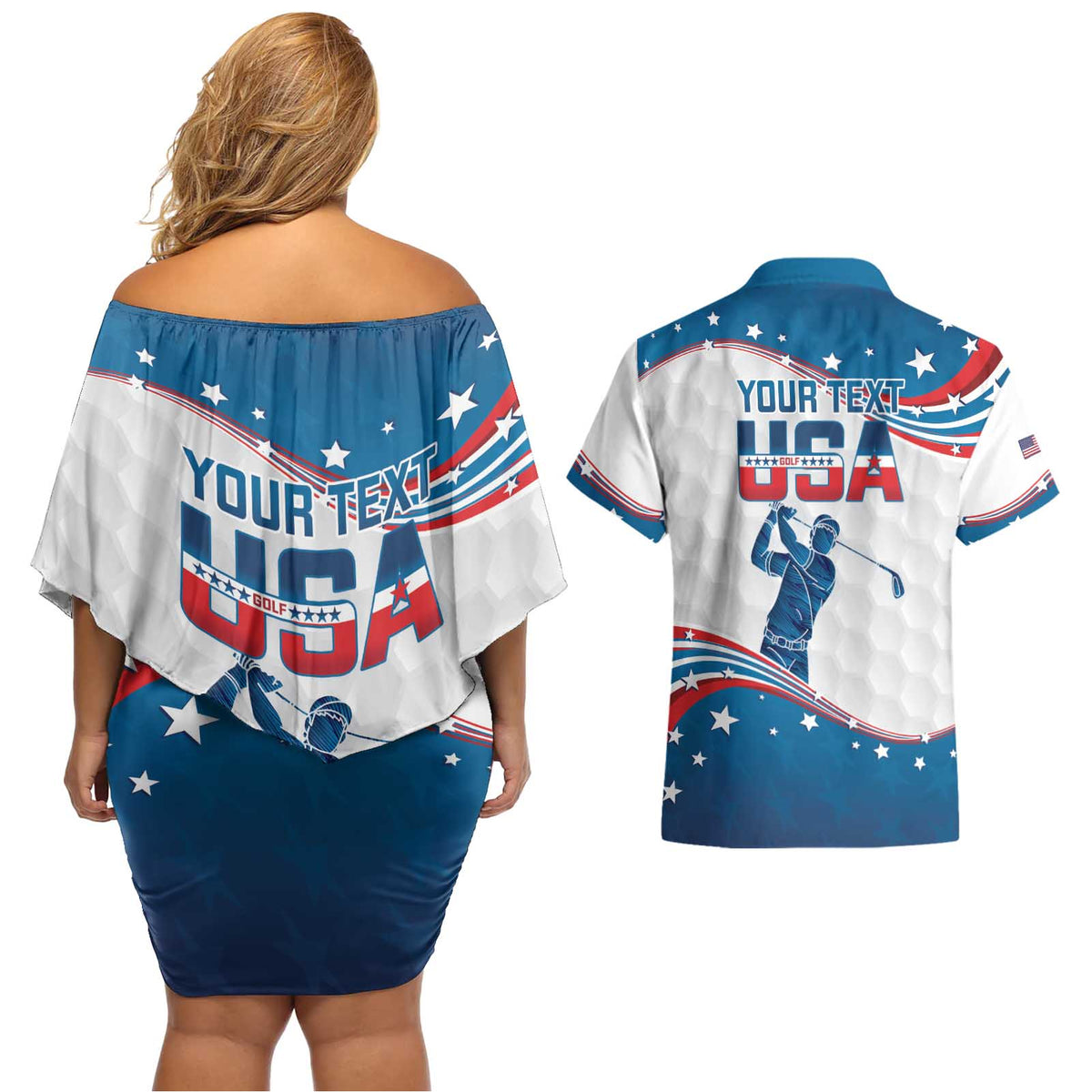 Personalized USA Golf Couples Matching Off Shoulder Short Dress and Hawaiian Shirt 2024 United States Flag Curve Style - Wonder Print Shop