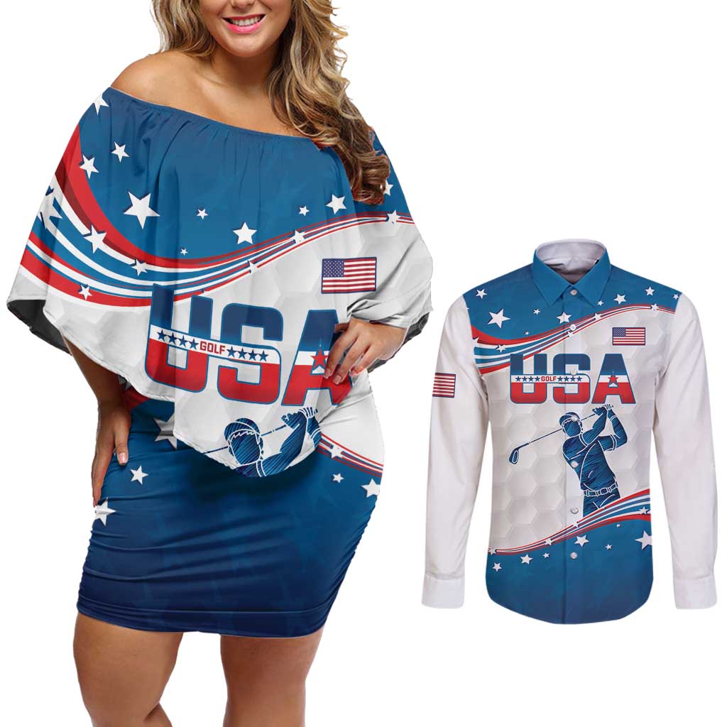 Personalized USA Golf Couples Matching Off Shoulder Short Dress and Long Sleeve Button Shirt 2024 United States Flag Curve Style - Wonder Print Shop