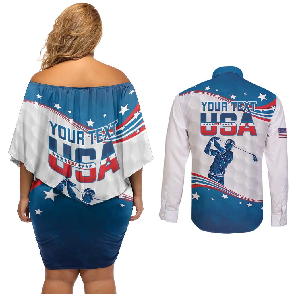 Personalized USA Golf Couples Matching Off Shoulder Short Dress and Long Sleeve Button Shirt 2024 United States Flag Curve Style - Wonder Print Shop