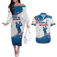 Personalized USA Golf Couples Matching Off The Shoulder Long Sleeve Dress and Hawaiian Shirt 2024 United States Flag Curve Style - Wonder Print Shop