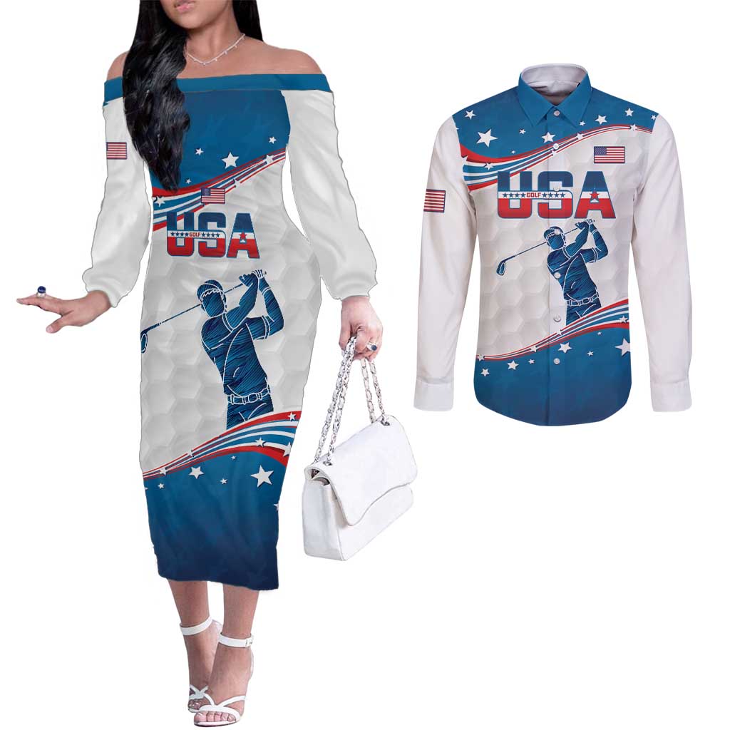 Personalized USA Golf Couples Matching Off The Shoulder Long Sleeve Dress and Long Sleeve Button Shirt 2024 United States Flag Curve Style