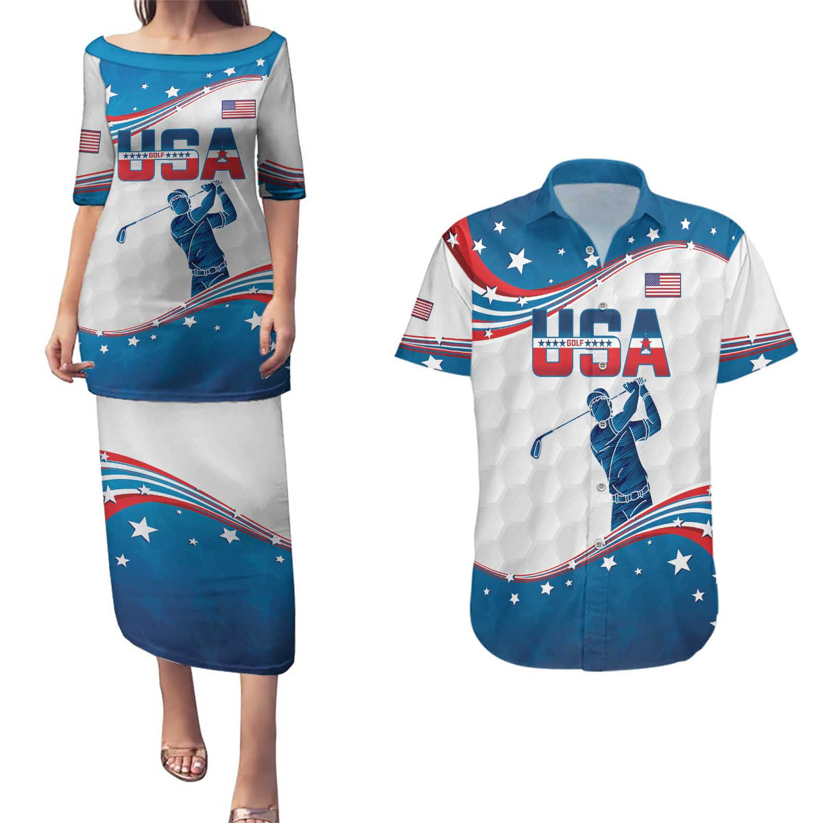 Personalized USA Golf Couples Matching Puletasi and Hawaiian Shirt 2024 United States Flag Curve Style - Wonder Print Shop