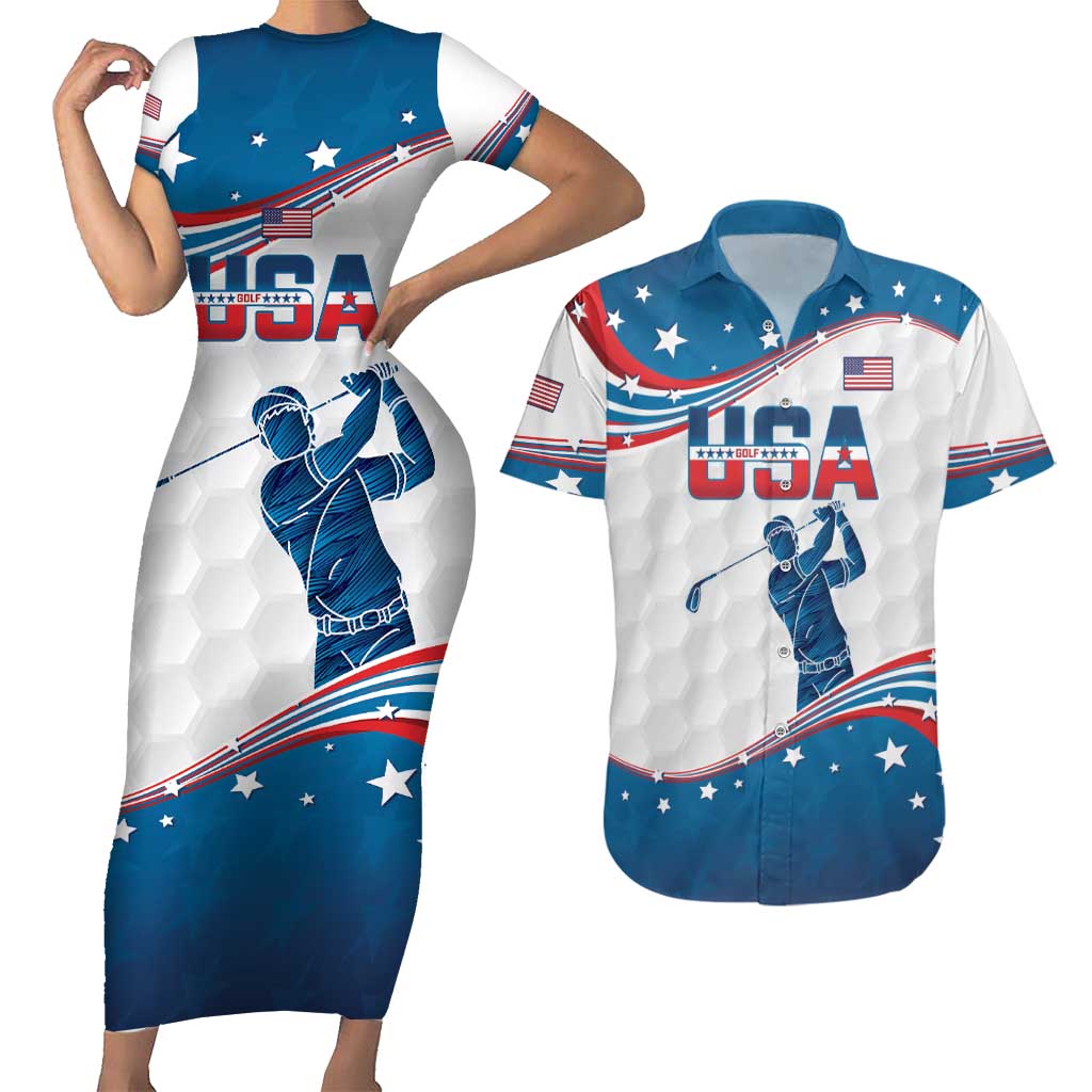 Personalized USA Golf Couples Matching Short Sleeve Bodycon Dress and Hawaiian Shirt 2024 United States Flag Curve Style - Wonder Print Shop