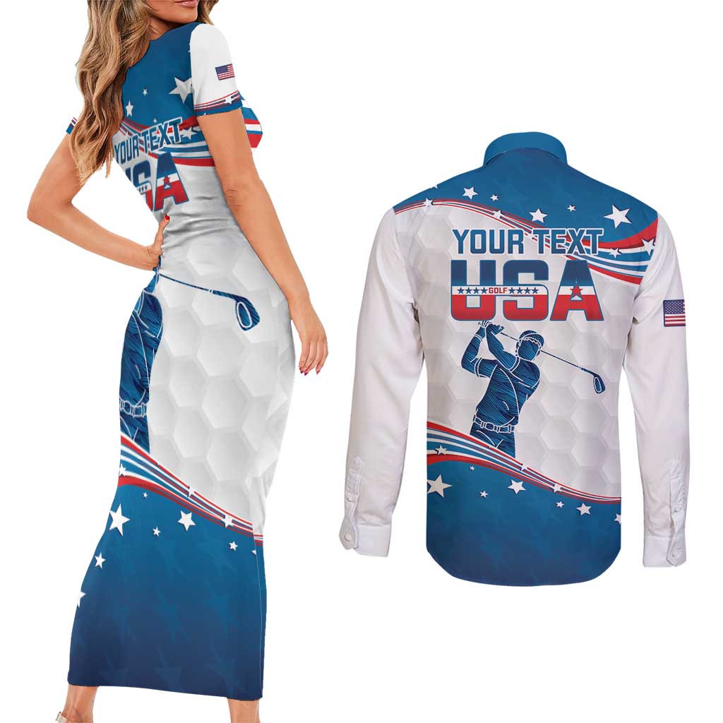 Personalized USA Golf Couples Matching Short Sleeve Bodycon Dress and Long Sleeve Button Shirt 2024 United States Flag Curve Style - Wonder Print Shop