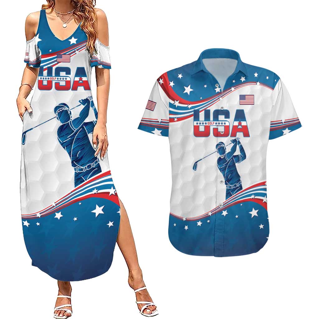 Personalized USA Golf Couples Matching Summer Maxi Dress and Hawaiian Shirt 2024 United States Flag Curve Style - Wonder Print Shop