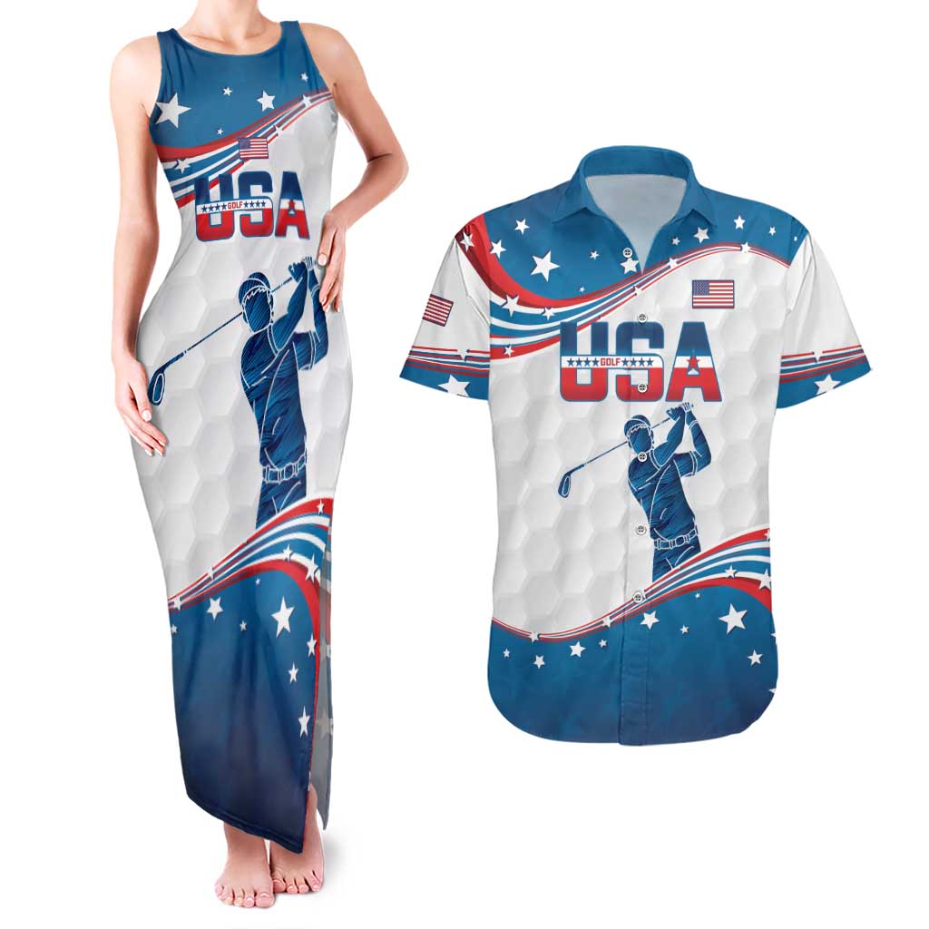 Personalized USA Golf Couples Matching Tank Maxi Dress and Hawaiian Shirt 2024 United States Flag Curve Style - Wonder Print Shop