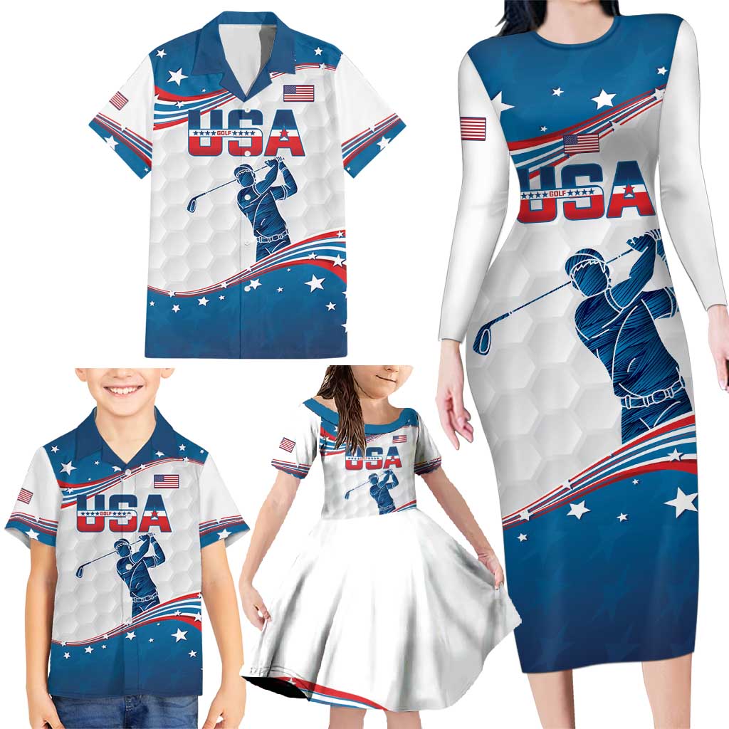 Personalized USA Golf Family Matching Long Sleeve Bodycon Dress and Hawaiian Shirt 2024 United States Flag Curve Style - Wonder Print Shop