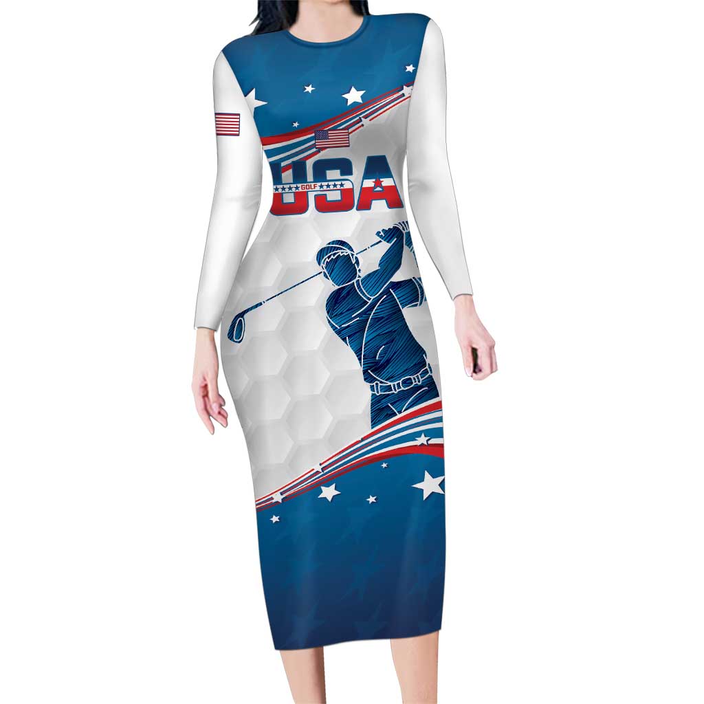 Personalized USA Golf Family Matching Long Sleeve Bodycon Dress and Hawaiian Shirt 2024 United States Flag Curve Style - Wonder Print Shop