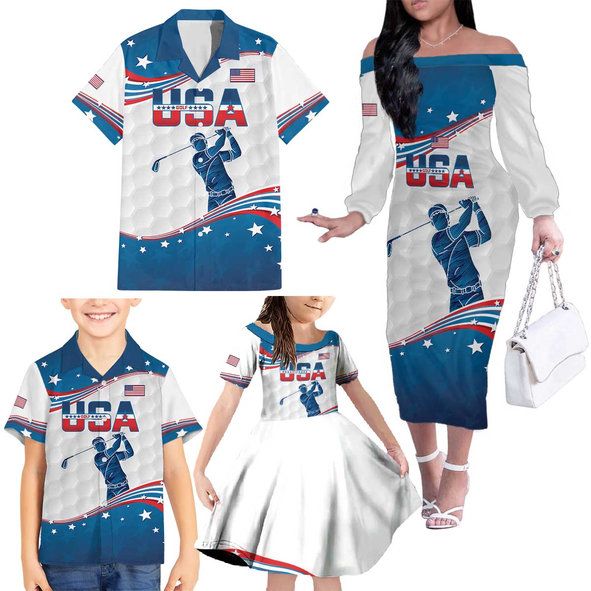 Personalized USA Golf Family Matching Off The Shoulder Long Sleeve Dress and Hawaiian Shirt 2024 United States Flag Curve Style - Wonder Print Shop