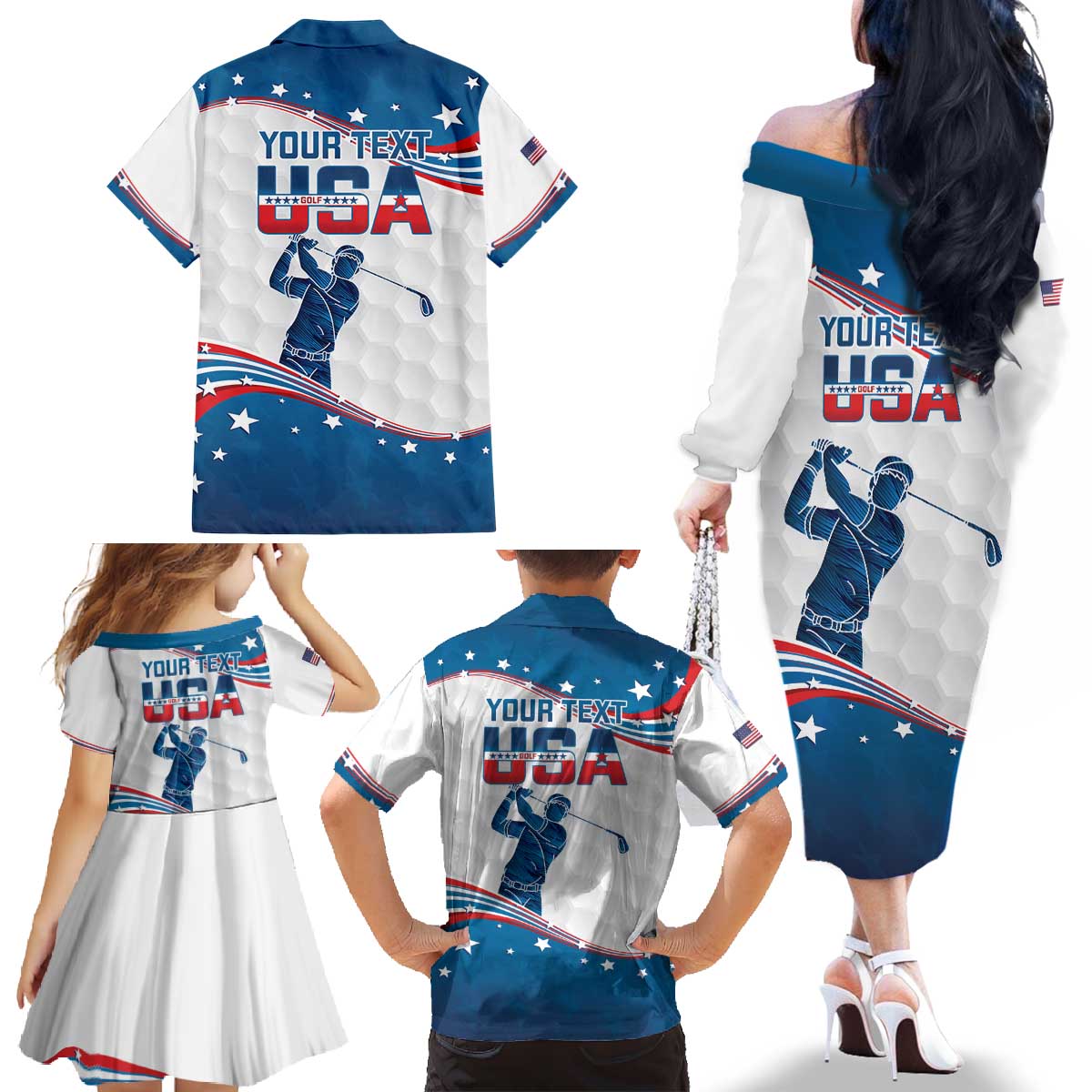 Personalized USA Golf Family Matching Off The Shoulder Long Sleeve Dress and Hawaiian Shirt 2024 United States Flag Curve Style - Wonder Print Shop