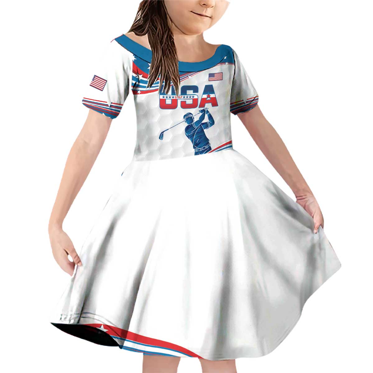 Personalized USA Golf Family Matching Off Shoulder Short Dress and Hawaiian Shirt 2024 United States Flag Curve Style - Wonder Print Shop