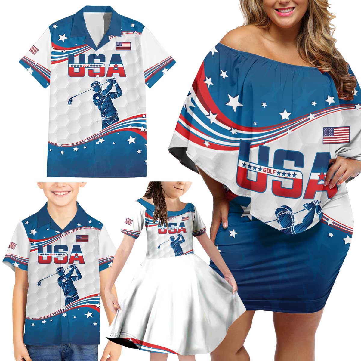 Personalized USA Golf Family Matching Off Shoulder Short Dress and Hawaiian Shirt 2024 United States Flag Curve Style - Wonder Print Shop