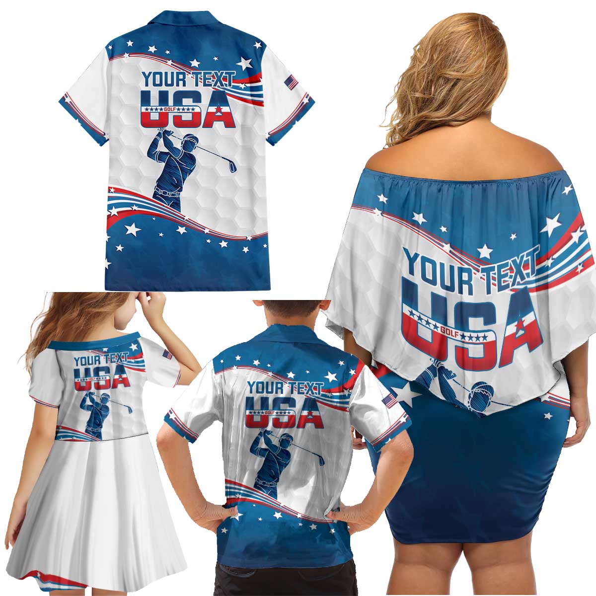 Personalized USA Golf Family Matching Off Shoulder Short Dress and Hawaiian Shirt 2024 United States Flag Curve Style - Wonder Print Shop