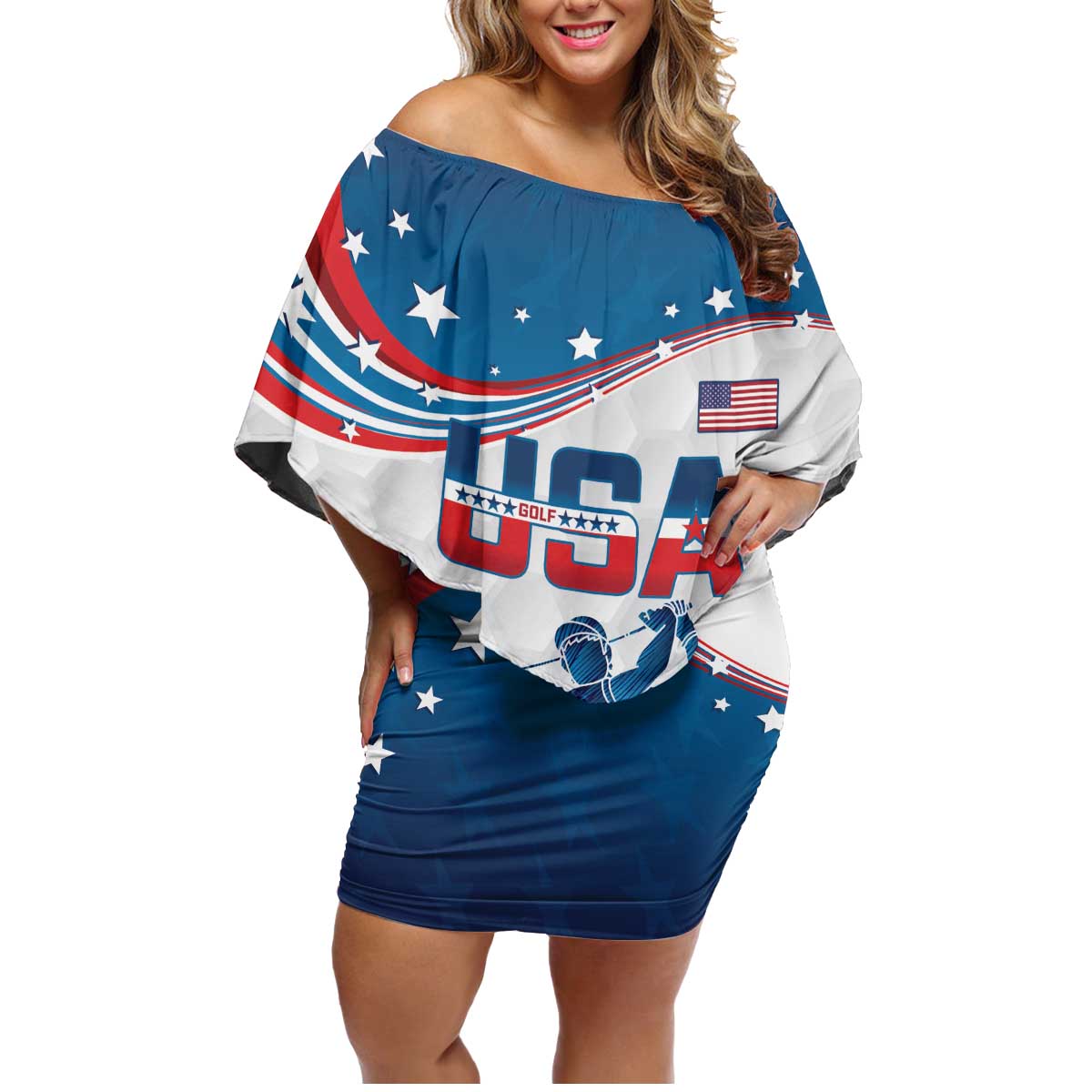 Personalized USA Golf Family Matching Off Shoulder Short Dress and Hawaiian Shirt 2024 United States Flag Curve Style - Wonder Print Shop