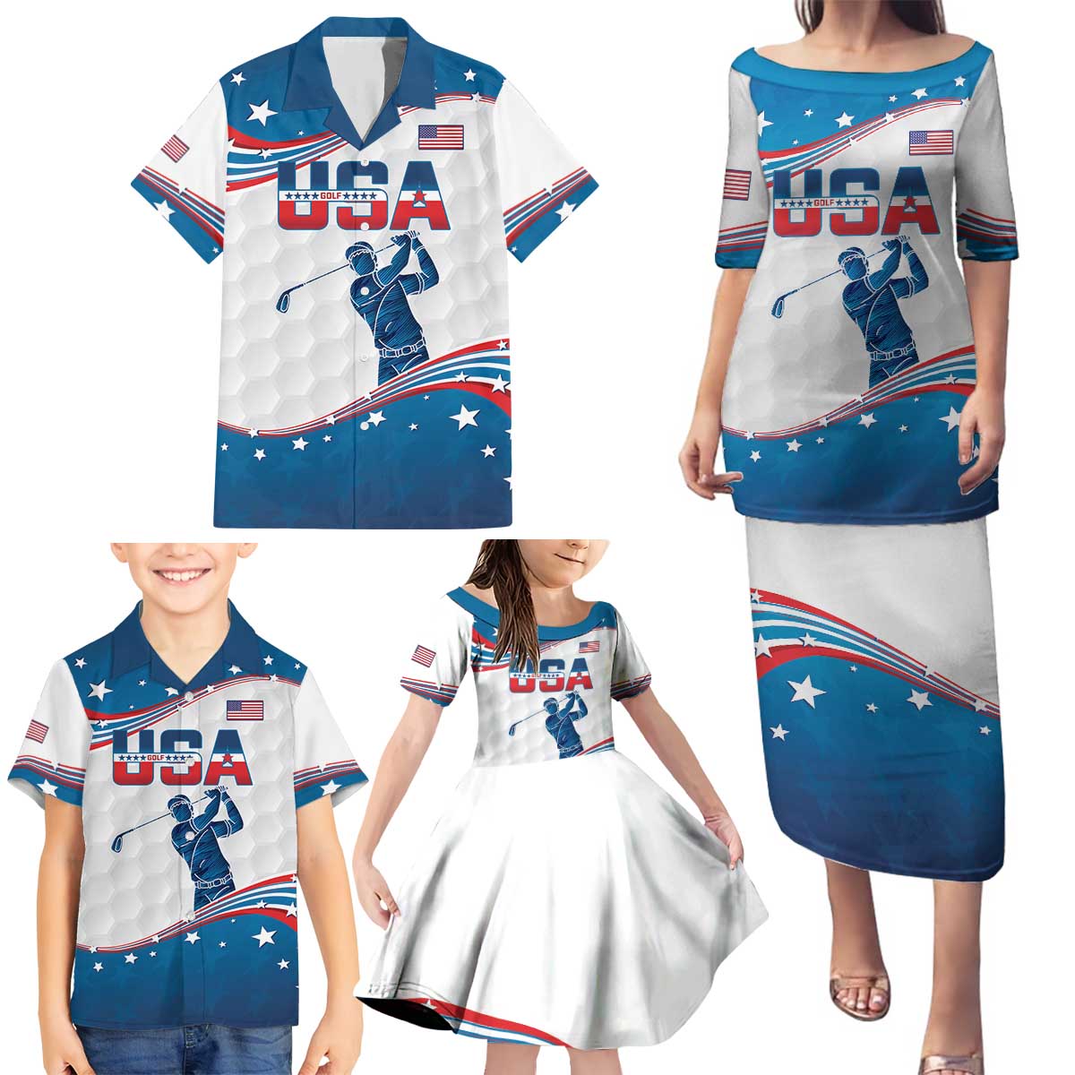 Personalized USA Golf Family Matching Puletasi and Hawaiian Shirt 2024 United States Flag Curve Style - Wonder Print Shop