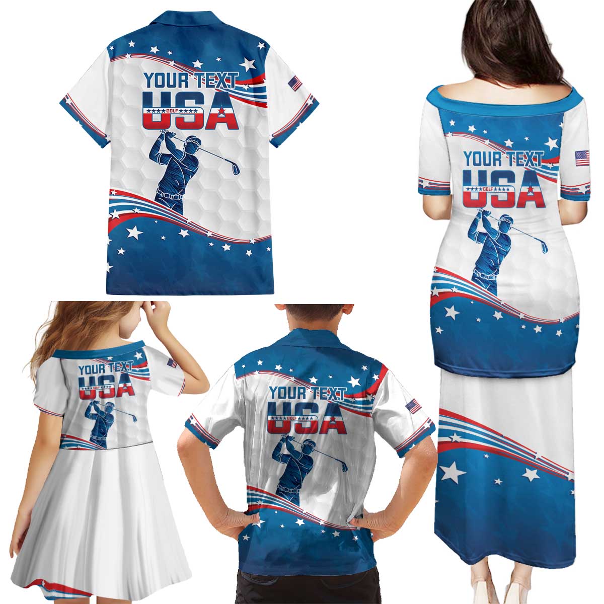 Personalized USA Golf Family Matching Puletasi and Hawaiian Shirt 2024 United States Flag Curve Style - Wonder Print Shop