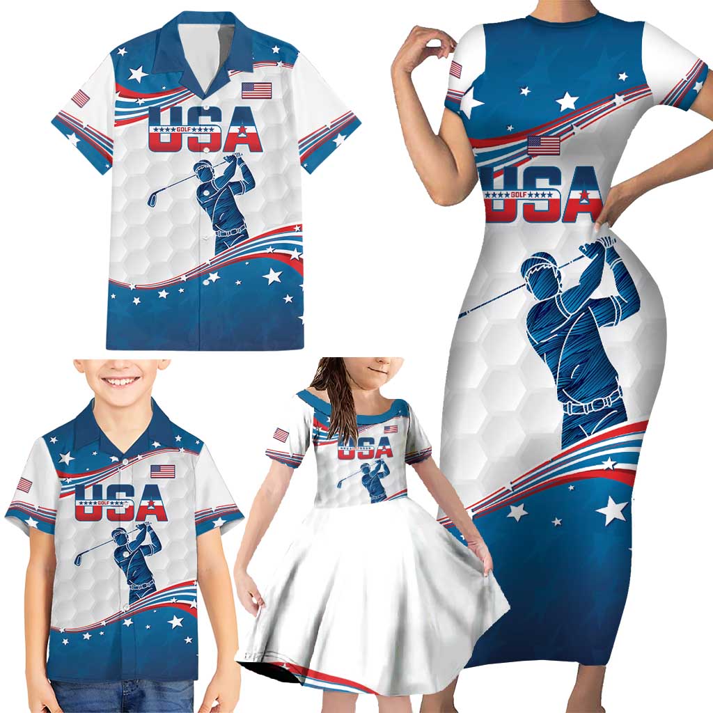 Personalized USA Golf Family Matching Short Sleeve Bodycon Dress and Hawaiian Shirt 2024 United States Flag Curve Style - Wonder Print Shop