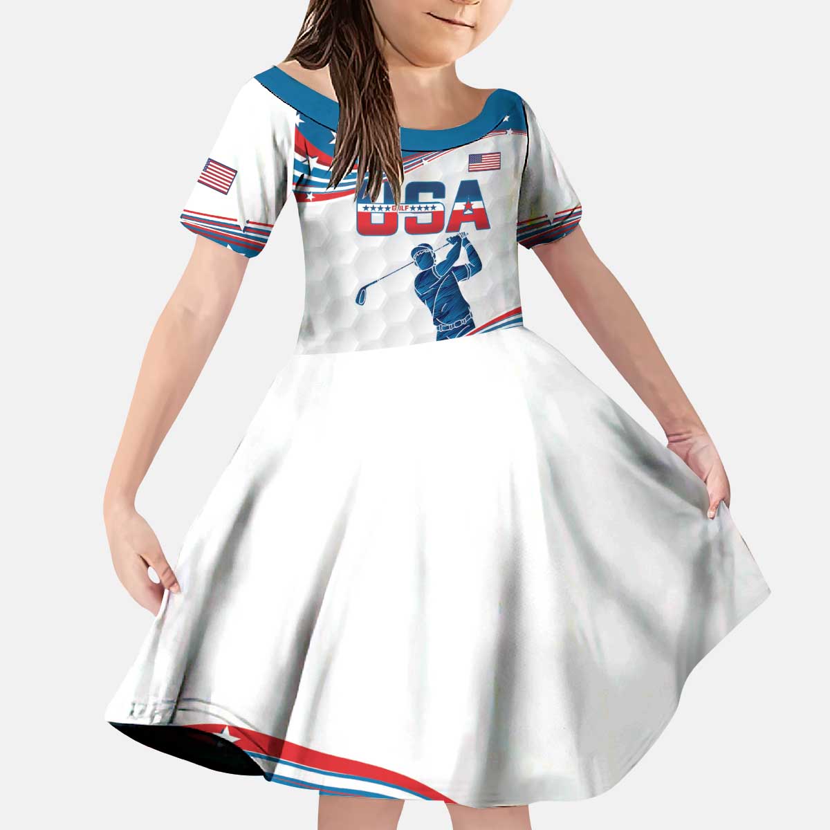 Personalized USA Golf Kid Short Sleeve Dress 2024 United States Flag Curve Style - Wonder Print Shop