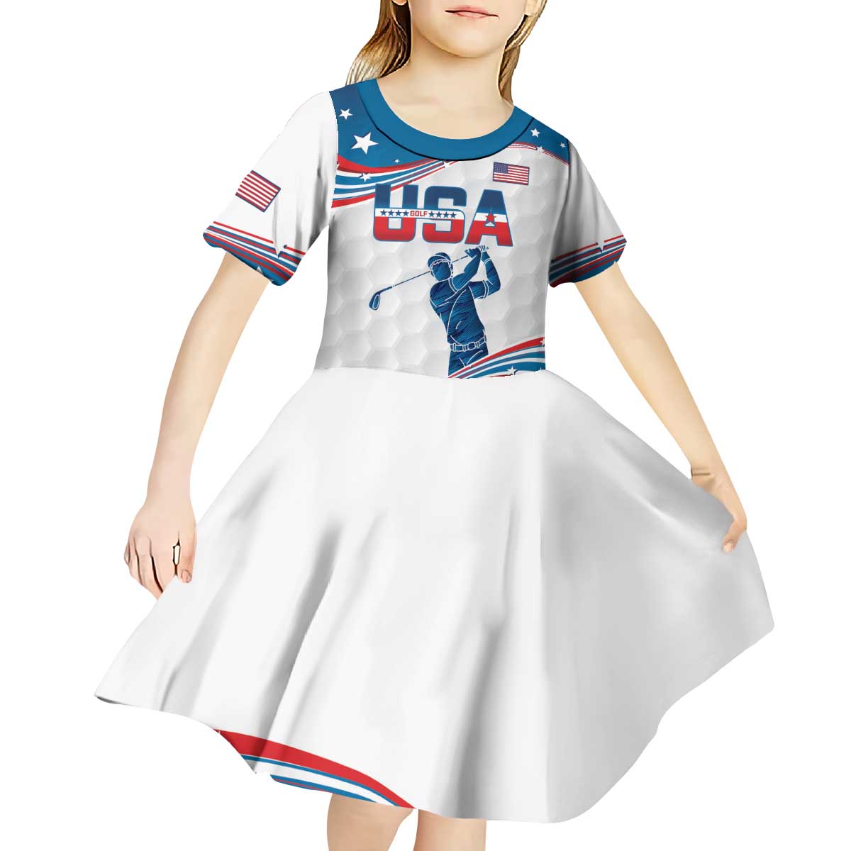 Personalized USA Golf Kid Short Sleeve Dress 2024 United States Flag Curve Style - Wonder Print Shop