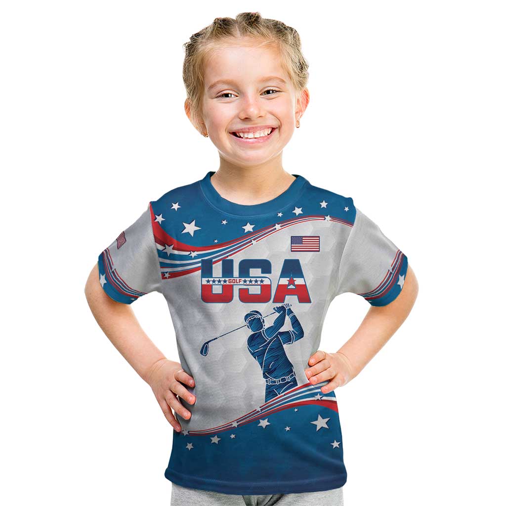 Personalized USA Golf Kid T Shirt 2024 United States Flag Curve Style - Wonder Print Shop