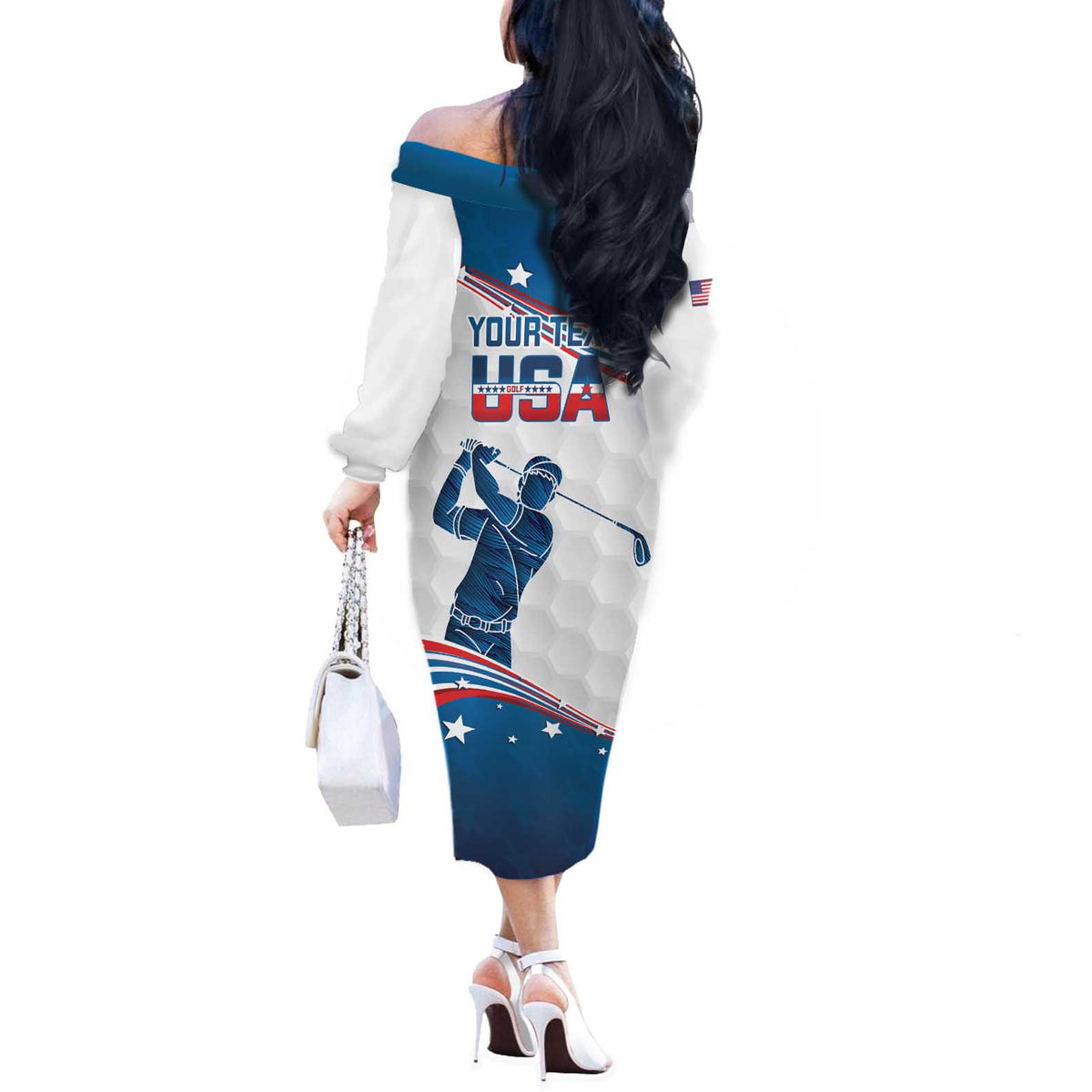 Personalized USA Golf Off The Shoulder Long Sleeve Dress 2024 United States Flag Curve Style - Wonder Print Shop
