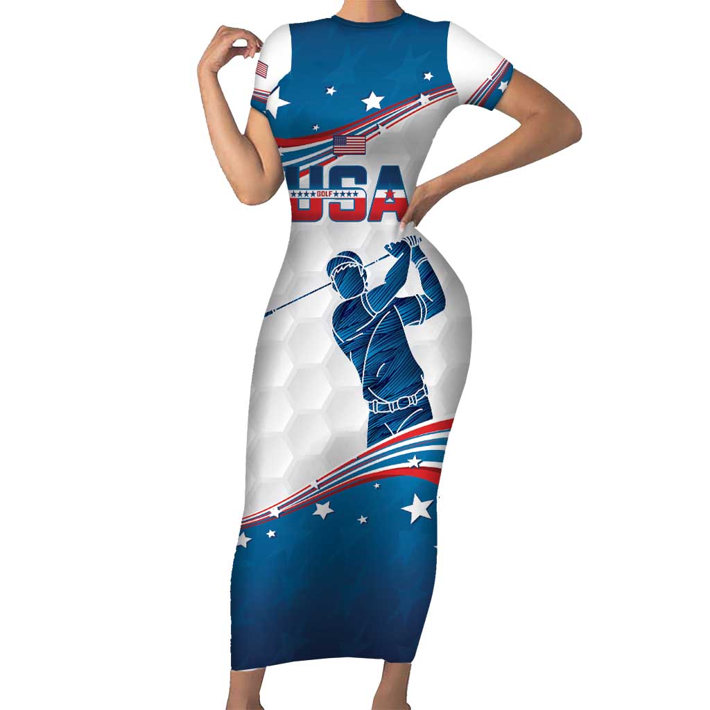 Personalized USA Golf Short Sleeve Bodycon Dress 2024 United States Flag Curve Style - Wonder Print Shop
