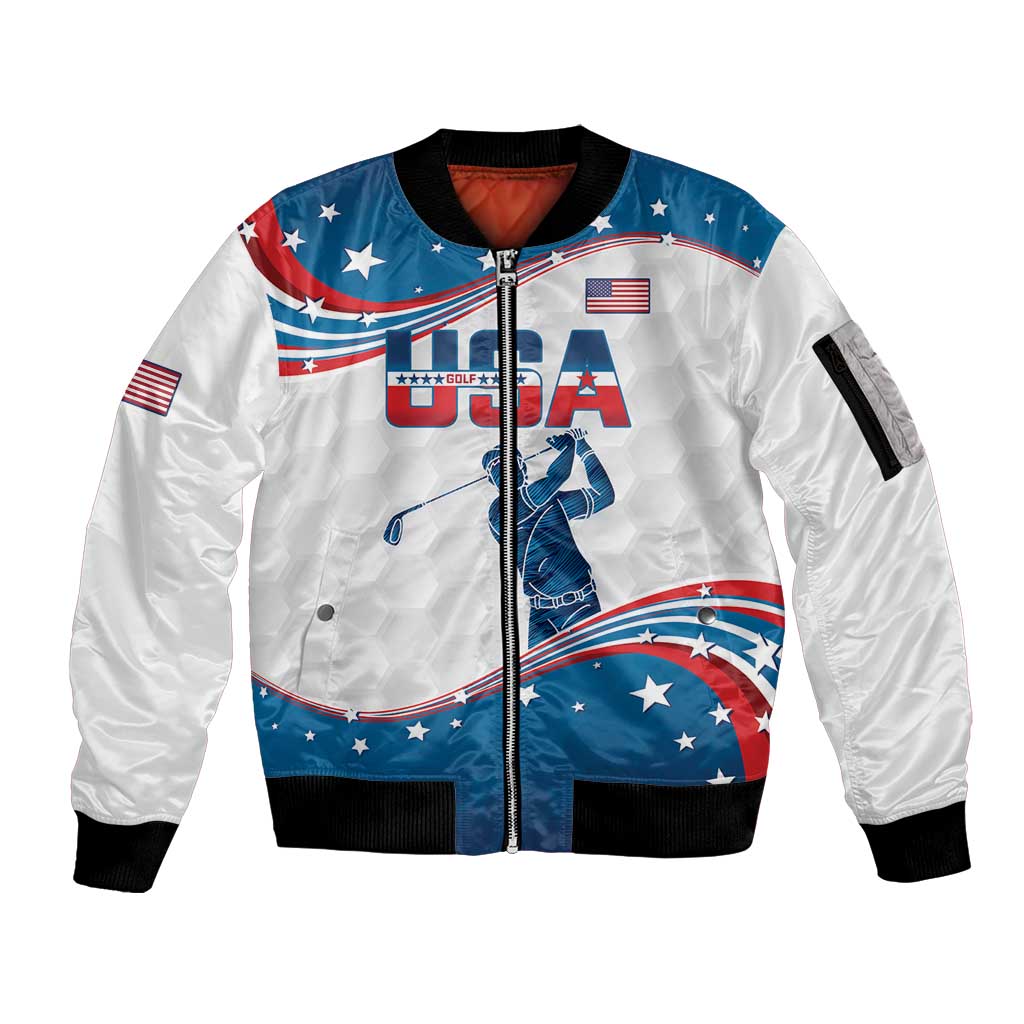 Personalized USA Golf Sleeve Zip Bomber Jacket 2024 United States Flag Curve Style - Wonder Print Shop