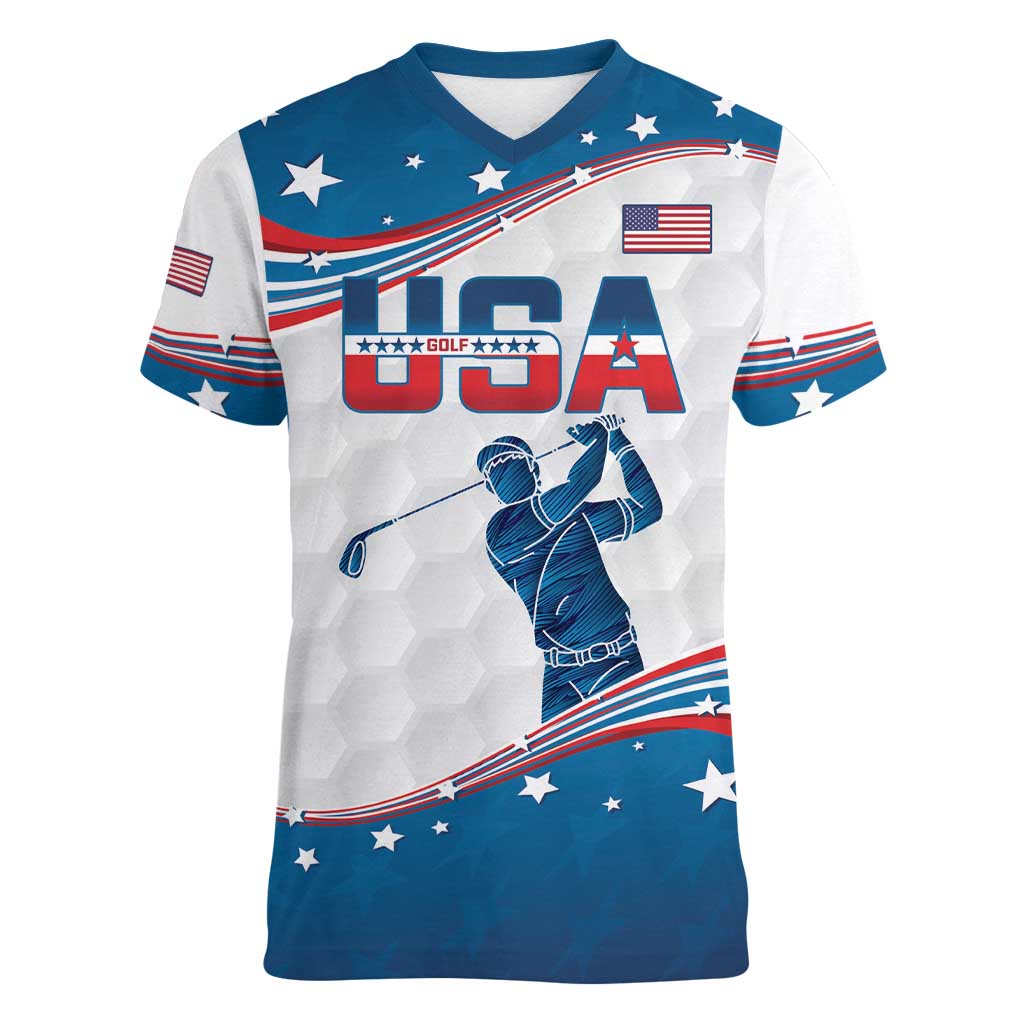 Personalized USA Golf Women V-Neck T-Shirt 2024 United States Flag Curve Style - Wonder Print Shop