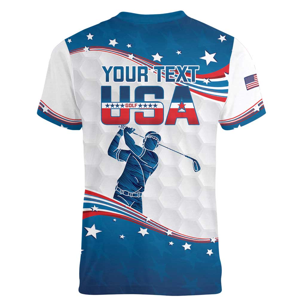 Personalized USA Golf Women V-Neck T-Shirt 2024 United States Flag Curve Style - Wonder Print Shop
