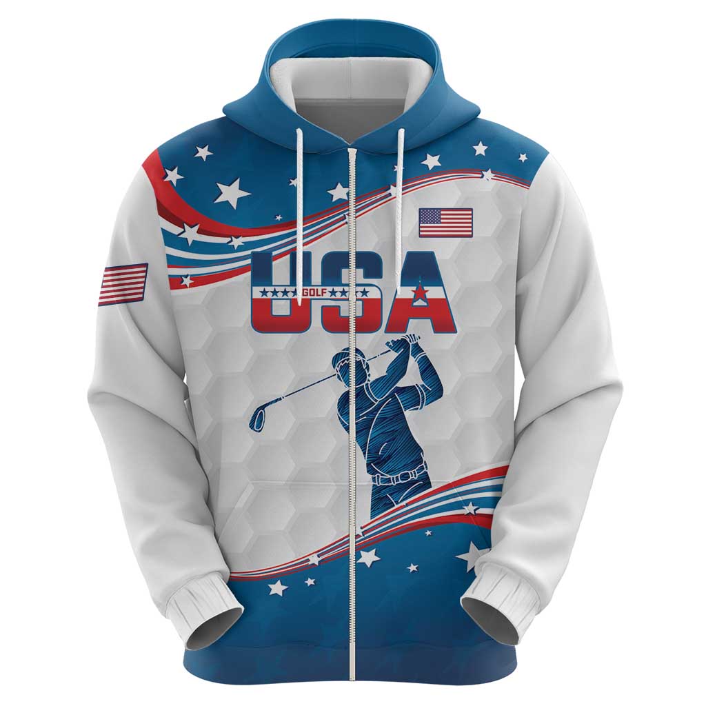 Personalized USA Golf Zip Hoodie 2024 United States Flag Curve Style - Wonder Print Shop