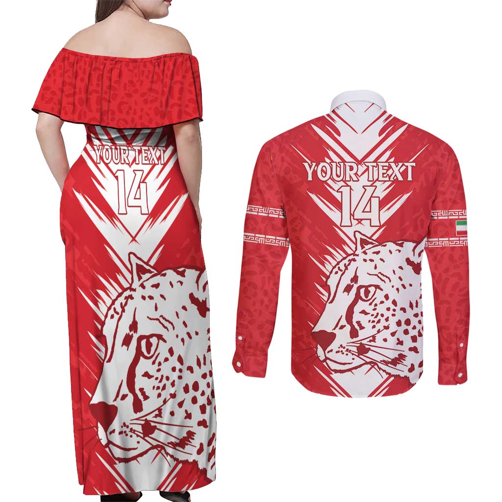 Custom Iran Football Couples Matching Off Shoulder Maxi Dress and Long Sleeve Button Shirt Go Team Melli Leopard Pattern - Wonder Print Shop