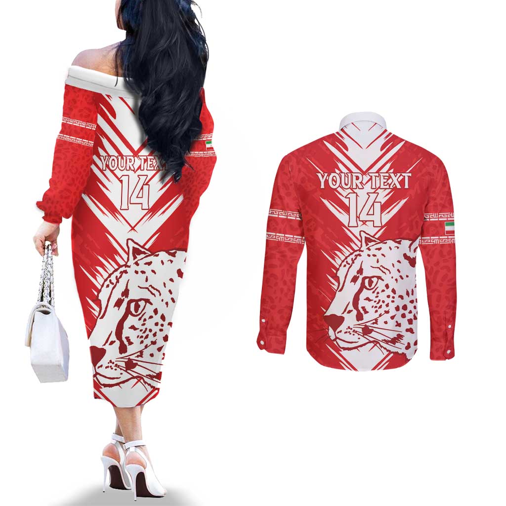 Custom Iran Football Couples Matching Off The Shoulder Long Sleeve Dress and Long Sleeve Button Shirt Go Team Melli Leopard Pattern