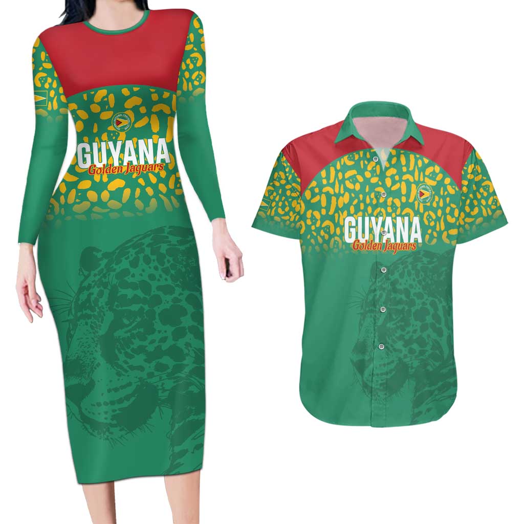Custom Guyana Football Couples Matching Long Sleeve Bodycon Dress and Hawaiian Shirt Go Golden Jaguars Green Version - Wonder Print Shop