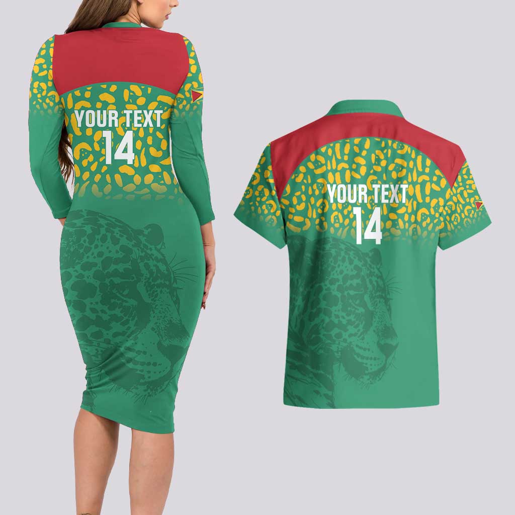 Custom Guyana Football Couples Matching Long Sleeve Bodycon Dress and Hawaiian Shirt Go Golden Jaguars Green Version - Wonder Print Shop