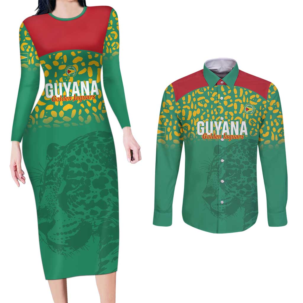 Custom Guyana Football Couples Matching Long Sleeve Bodycon Dress and Long Sleeve Button Shirt Go Golden Jaguars Green Version - Wonder Print Shop