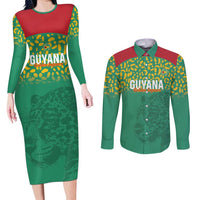 Custom Guyana Football Couples Matching Long Sleeve Bodycon Dress and Long Sleeve Button Shirt Go Golden Jaguars Green Version - Wonder Print Shop