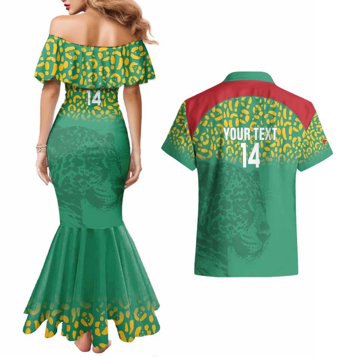 Custom Guyana Football Couples Matching Mermaid Dress and Hawaiian Shirt Go Golden Jaguars Green Version - Wonder Print Shop