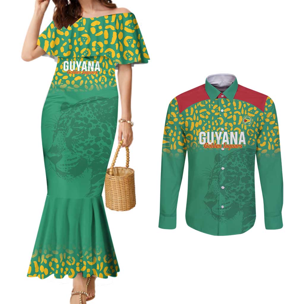 Custom Guyana Football Couples Matching Mermaid Dress and Long Sleeve Button Shirt Go Golden Jaguars Green Version - Wonder Print Shop
