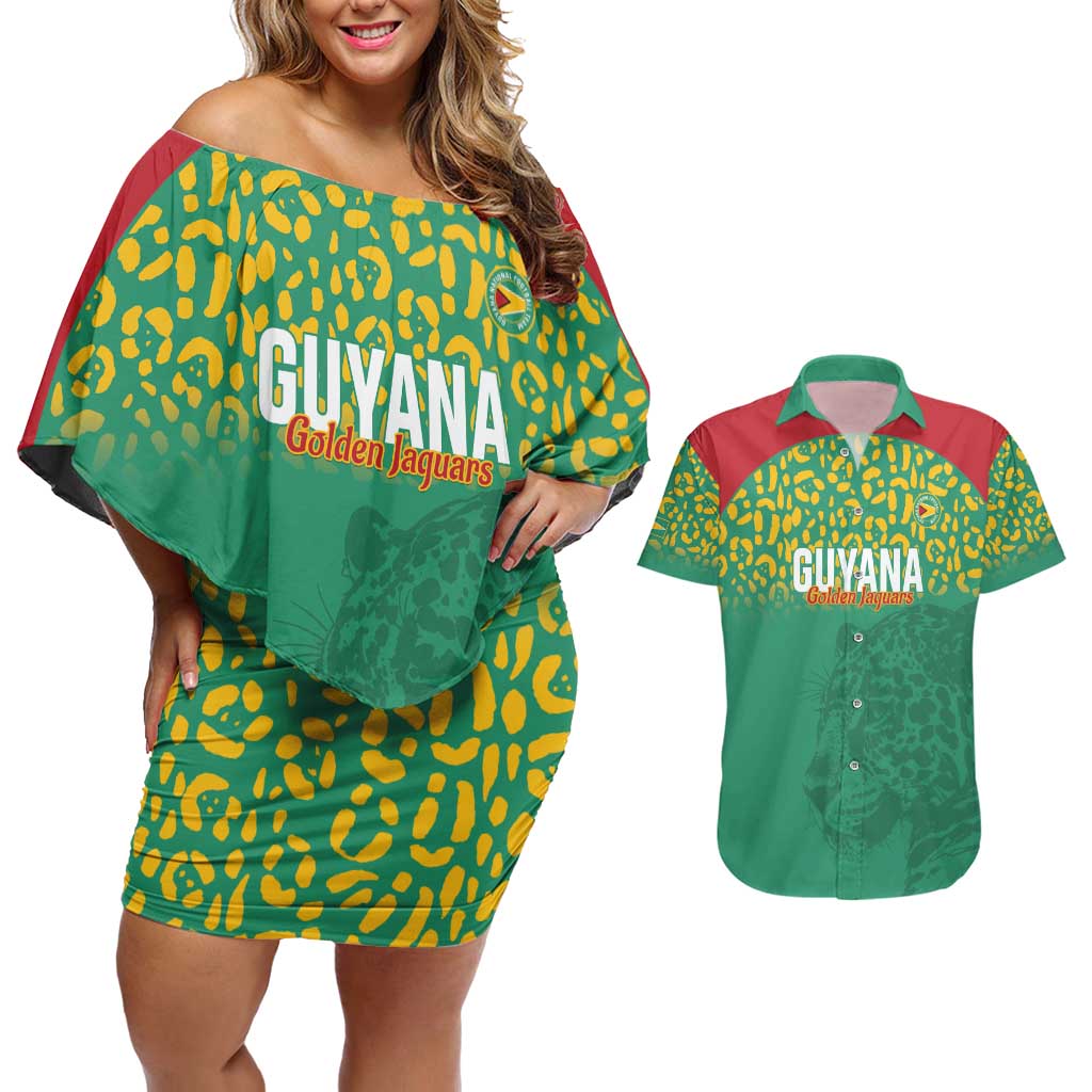 Custom Guyana Football Couples Matching Off Shoulder Short Dress and Hawaiian Shirt Go Golden Jaguars Green Version - Wonder Print Shop