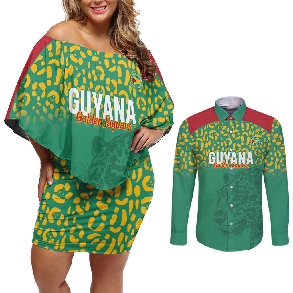 Custom Guyana Football Couples Matching Off Shoulder Short Dress and Long Sleeve Button Shirt Go Golden Jaguars Green Version - Wonder Print Shop